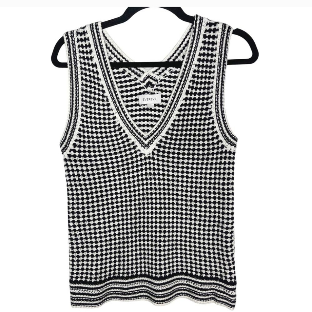 Evereve Small Black White Houndstooth Sweater Vest V Neck Cotton Sleeveless Knit